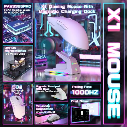 ATTACK SHARK X1 Gaming-Maus mit Magnetischer Ladestation, PixArt PAW3395PRO Gaming-Sensor, 40000 DPI, BT/2,4G Kabellos/Kabelgebunden, 53g Superlight-Maus, 100M-Mikroschalter für PC/Xbox/PS/Mac – Weiß Bild 2