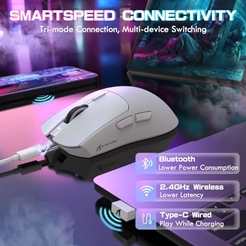 ATTACK SHARK X1 Gaming-Maus mit Magnetischer Ladestation, PixArt PAW3395PRO Gaming-Sensor, 40000 DPI, BT/2,4G Kabellos/Kabelgebunden, 53g Superlight-Maus, 100M-Mikroschalter für PC/Xbox/PS/Mac – Weiß Bild 6