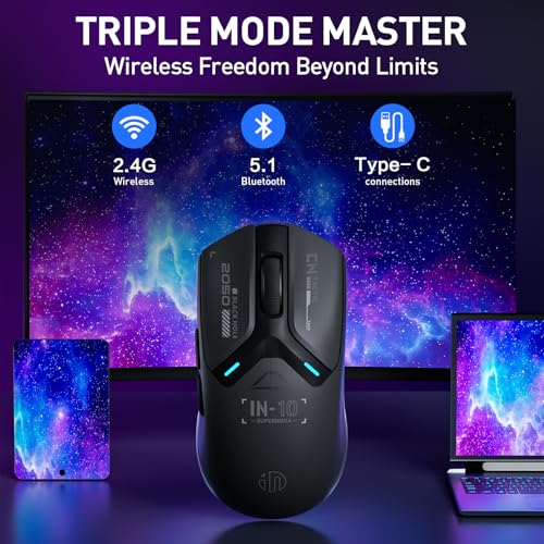 inphic IN10P Gaming-Maus Kabellos, Tri-Mode 2,4G/ USB-C Kabel/Bluetooth Wireless Gaming Maus, 60g Superleicht, 26.000 DPI, PAW3395 Sensor, 8 kHz Abtastrate, Vollständig Programmierbar, Schwarz Bild 2