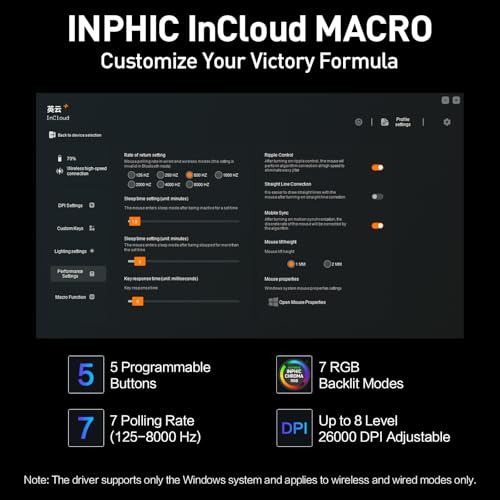 inphic IN10P Gaming-Maus Kabellos, Tri-Mode 2,4G/ USB-C Kabel/Bluetooth Wireless Gaming Maus, 60g Superleicht, 26.000 DPI, PAW3395 Sensor, 8 kHz Abtastrate, Vollständig Programmierbar, Schwarz Bild 6