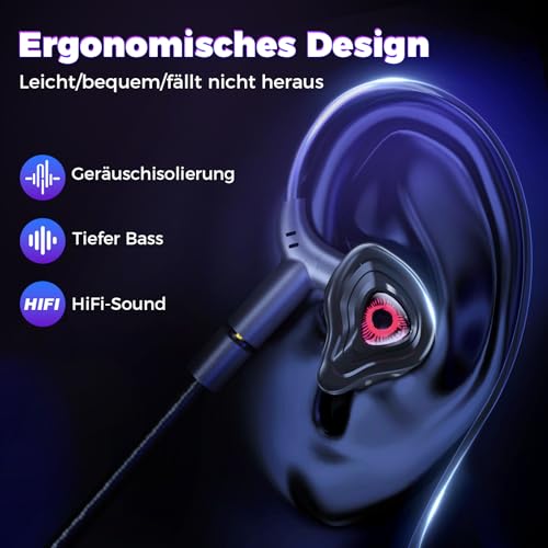 ShinePick In Ear Gaming Headset, In-Ear Kopfhörer mit Kabel 3,5 mm, Abnehmbarer Mikrofon, kabelgebundene Kopfhörer für Smartphone, MP3/MP4 Player, Computer, Laptop, Tablet (Rot) Bild 3