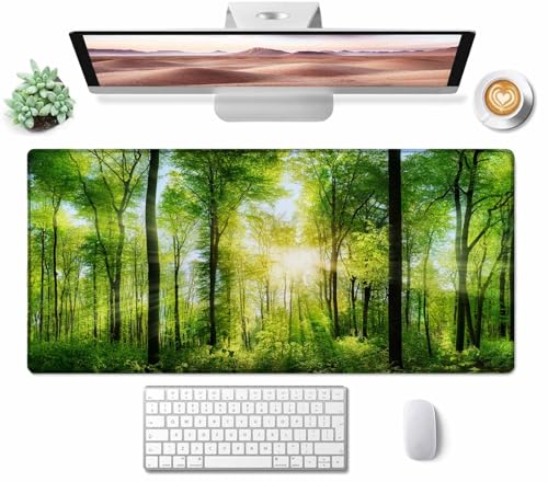Großes Gaming-Mauspad mit genähten Kanten, Schreibtischunterlage mit Sonnenlicht-Wald, erweiterte Tastaturunterlage, rutschfeste Gummiunterseite, Schreibtischunterlage für Tastatur und Maus, 80 x 40 Bild 2