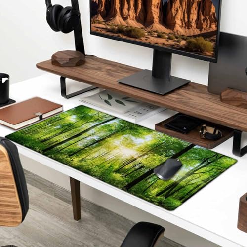Großes Gaming-Mauspad mit genähten Kanten, Schreibtischunterlage mit Sonnenlicht-Wald, erweiterte Tastaturunterlage, rutschfeste Gummiunterseite, Schreibtischunterlage für Tastatur und Maus, 80 x 40 Bild 6