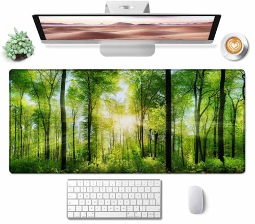 Großes Gaming-Mauspad mit genähten Kanten, Schreibtischunterlage mit Sonnenlicht-Wald, erweiterte Tastaturunterlage, rutschfeste Gummiunterseite, Schreibtischunterlage für Tastatur und Maus, 90 x 40 Bild 2
