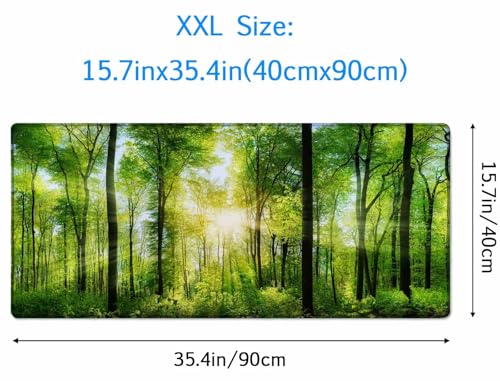 Großes Gaming-Mauspad mit genähten Kanten, Schreibtischunterlage mit Sonnenlicht-Wald, erweiterte Tastaturunterlage, rutschfeste Gummiunterseite, Schreibtischunterlage für Tastatur und Maus, 90 x 40 Bild 3