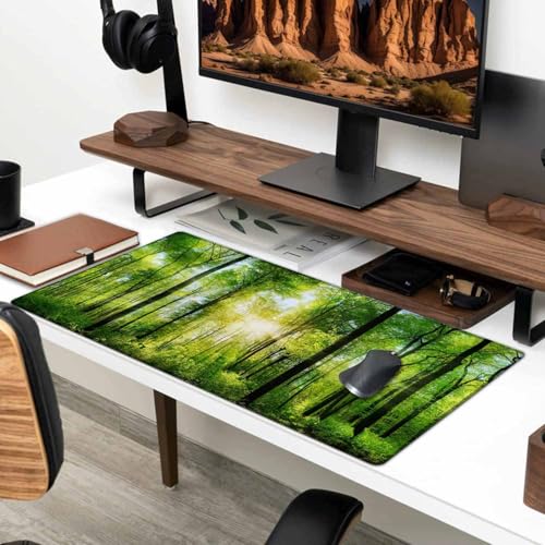 Großes Gaming-Mauspad mit genähten Kanten, Schreibtischunterlage mit Sonnenlicht-Wald, erweiterte Tastaturunterlage, rutschfeste Gummiunterseite, Schreibtischunterlage für Tastatur und Maus, 90 x 40 Bild 6