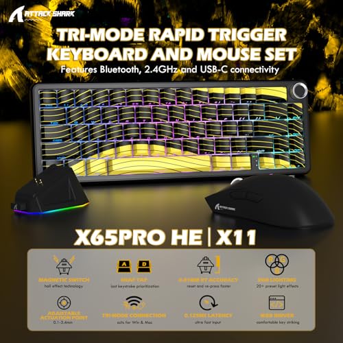 MAMBASNAKE X Attack Shark Tri-Mode-Funktastatur-Maus-Kombination, X65PRO HE Tastatur mit Magnetschaltern und Rapid-Trigger, 0,01 mm RT-Genauigkeit (8 kHz), X11 Maus mit RGB-Magnetladestation – Gelb Bild 2