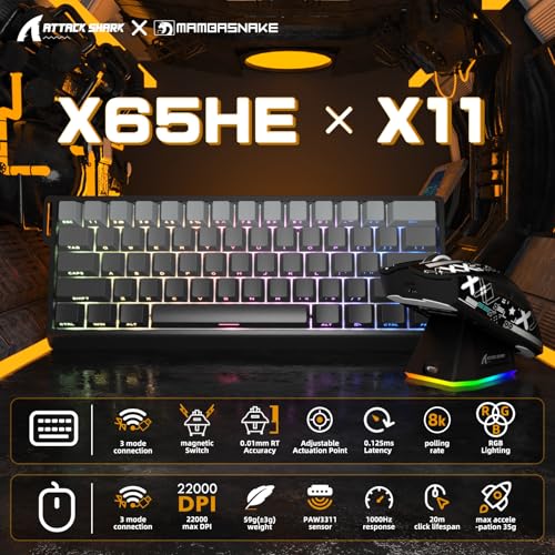 MAMBASNAKE x Attack Shark X60HE Rapid Trigger Kabellose Tastatur & X11 Gaming-Maus mit 8K-Spiralkabel, QWERTY RGB-Tastatur mit 0,01mm RT Magnetschalter, 22K-DPI-PixArt-PAW3311-Sensor Maus - Grau Bild 2