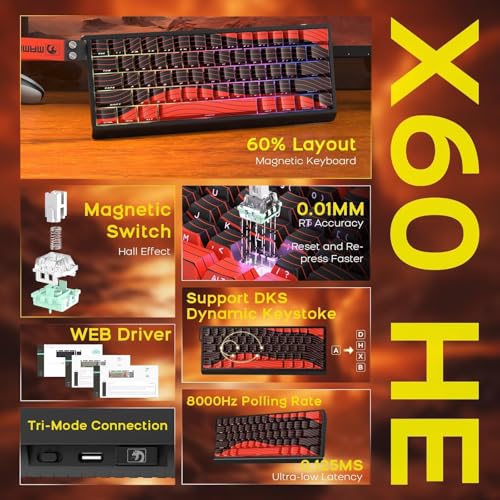 ATTACK SHARK x MAMBASNAKE X60HE Magnetische Tastatur mit X11 Gaming-Maus, kabelloses Tastatur- und Maus-Set, BT/2.4G/USB-C, Rapid Trigger, 8K Polling-Rate, PAW3311, 22000 DPI, ultraleichte Maus–Rot Bild 2