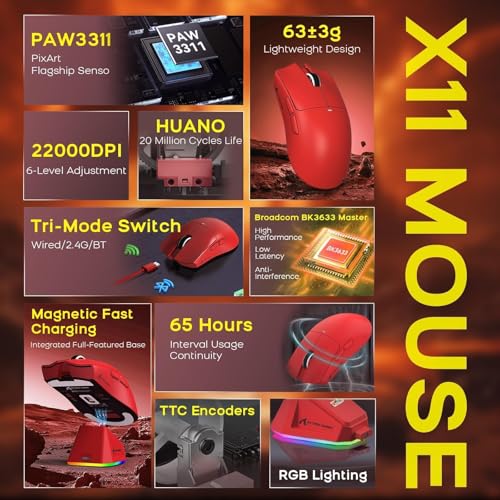 ATTACK SHARK x MAMBASNAKE X60HE Magnetische Tastatur mit X11 Gaming-Maus, kabelloses Tastatur- und Maus-Set, BT/2.4G/USB-C, Rapid Trigger, 8K Polling-Rate, PAW3311, 22000 DPI, ultraleichte Maus–Rot Bild 3