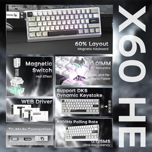ATTACK SHARK x MAMBASNAKE X60HE Magnetische Tastatur mit X11 Gaming-Maus, kabelloses Tastatur- und Maus-Set, BT/2.4G/USB-C, Rapid Trigger, 8K Polling-Rate, PAW3311, 22000 DPI, ultraleichte Maus–Weiß Bild 2