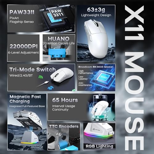 ATTACK SHARK x MAMBASNAKE X60HE Magnetische Tastatur mit X11 Gaming-Maus, kabelloses Tastatur- und Maus-Set, BT/2.4G/USB-C, Rapid Trigger, 8K Polling-Rate, PAW3311, 22000 DPI, ultraleichte Maus–Weiß Bild 3