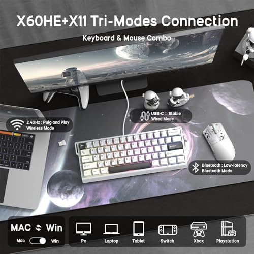 ATTACK SHARK x MAMBASNAKE X60HE Magnetische Tastatur mit X11 Gaming-Maus, kabelloses Tastatur- und Maus-Set, BT/2.4G/USB-C, Rapid Trigger, 8K Polling-Rate, PAW3311, 22000 DPI, ultraleichte Maus–Weiß Bild 5