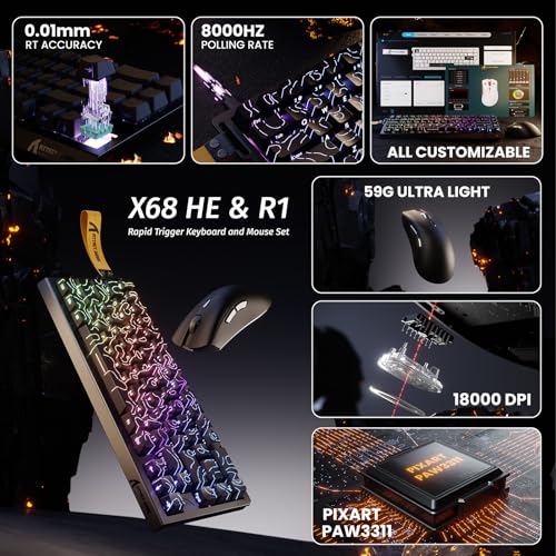ATTACK SHARK X68 HE & R1 Gaming Tastatur Maus Set, 8000 Hz Rapid Trigger-Kabeltastatur, 0,01mm RT-Genauigkeit, Snap Tap, 59g SUPERLIGHT Kabellose Maus, 18000DPI, Bluetooth/Kabel/2,4G, Schwarz Konturen Bild 2