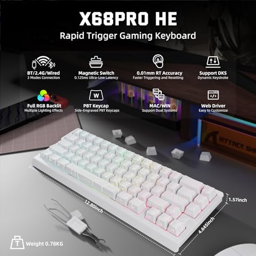 ATTACK SHARK 3-in-1 Kabellose X68PRO HE-Tastatur&X11-Gaming-Maus&Spiral-C01PRO-Kombination,BT/2,4G/Wired, 8KHz-Magnetschalter mit Schnellauslöser,PixArt PAW3311-Sensor,22000 DPI,Maus Klebeband–Weiß Bild 2
