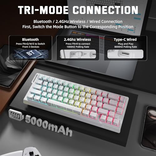 ATTACK SHARK 3-in-1 Kabellose X68PRO HE-Tastatur&X11-Gaming-Maus&Spiral-C01PRO-Kombination,BT/2,4G/Wired, 8KHz-Magnetschalter mit Schnellauslöser,PixArt PAW3311-Sensor,22000 DPI,Maus Klebeband–Weiß Bild 3