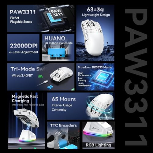 ATTACK SHARK 3-in-1 Kabellose X68PRO HE-Tastatur&X11-Gaming-Maus&Spiral-C01PRO-Kombination,BT/2,4G/Wired, 8KHz-Magnetschalter mit Schnellauslöser,PixArt PAW3311-Sensor,22000 DPI,Maus Klebeband–Weiß Bild 7