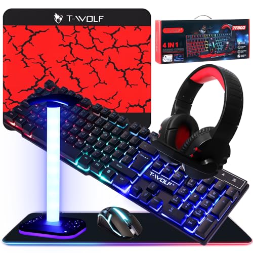 Vinsot 6-in-1-Gaming-Zubehör-Set – inklusive Tastatur, Maus, Mauspad, Headset, LED-XL-Mauspad, leuchtender Kopfhörer-Ständer, Hintergrundbeleuchtung, PC-Gaming-Set für PC, Anfänger, Gamer Bild 1