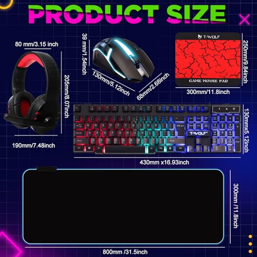Vinsot 6-in-1-Gaming-Zubehör-Set – inklusive Tastatur, Maus, Mauspad, Headset, LED-XL-Mauspad, leuchtender Kopfhörer-Ständer, Hintergrundbeleuchtung, PC-Gaming-Set für PC, Anfänger, Gamer Bild 2