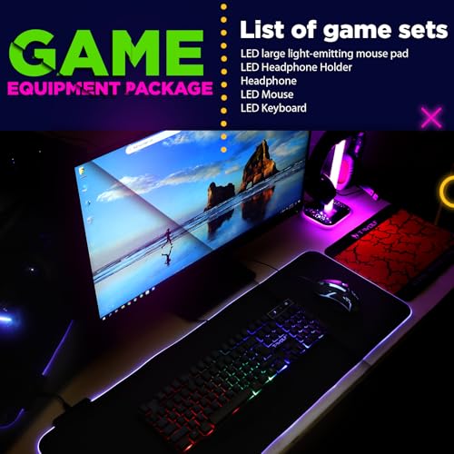 Vinsot 6-in-1-Gaming-Zubehör-Set – inklusive Tastatur, Maus, Mauspad, Headset, LED-XL-Mauspad, leuchtender Kopfhörer-Ständer, Hintergrundbeleuchtung, PC-Gaming-Set für PC, Anfänger, Gamer Bild 5