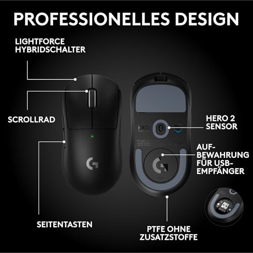 Logitech G PRO X Superlight 2 SE kabellose Gaming-Maus, 60 g Pro-Grade-Maus mit 5 programmierbaren Tasten, 44K-DPI-Sensor, 8.000 Hz Signalrate, USB-C-Ladefunktion für PC/Mac - Schwarz Bild 6