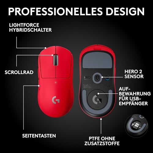 Logitech G PRO X SUPERLIGHT 2 SE kabellose Gaming-Maus, 60 g Pro-Grade-Maus mit 5 programmierbaren Tasten, 44K-DPI-Sensor, 8.000 Hz Signalrate, USB-C-Ladefunktion für PC/Mac - Rot Bild 6