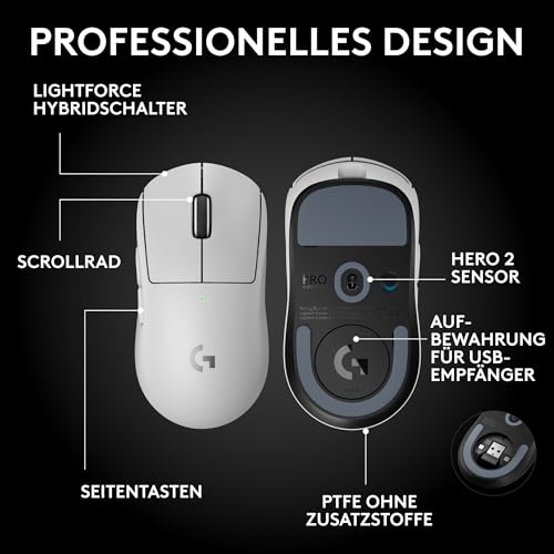 Logitech G PRO X Superlight 2 SE kabellose Gaming-Maus, 60 g Pro-Grade-Maus mit 5 programmierbaren Tasten, 44K-DPI-Sensor, 8.000 Hz Signalrate, USB-C-Ladefunktion für PC/Mac - Weiß Bild 6