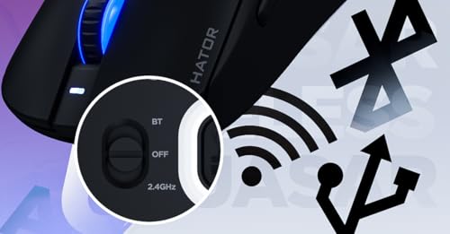 HATOR Quasar 3 Wireless Gaming Maus – Symmetrisches Design, 2.4GHz/Bluetooth/USB, 12.000 DPI PixArt Sensor, 100 Mio Klicks, RGB, 100 Std Akkulaufzeit, 64g, PC/Mac/Linux, Schwarz Bild 4
