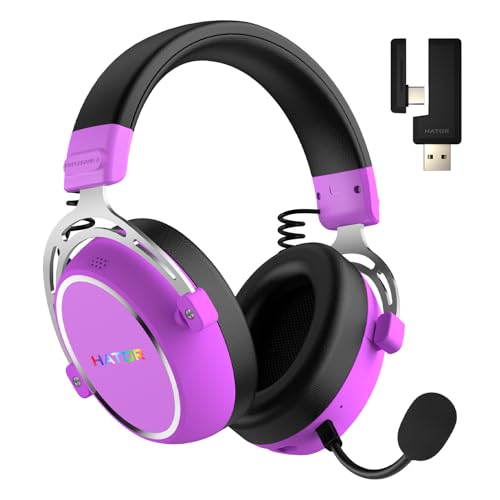 HATOR Hypergang 3 Wireless Gaming-Headset – Hi-Res Audio, Hybrid ANC, 45h Akku, Spatial Audio, Bluetooth & 2.4GHz, abnehmbares Mikrofon, RGB, Head Tracking, SyncHUB App – Violett Bild 1