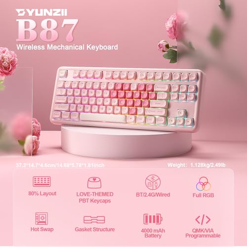 YUNZII B87 Drahtlose Mechanische Tastatur, QMK/VIA Software Custom Gaming Tastatur, Gasket RGB mit MOA Keycaps, Wrist Rest, BT5.0/2.4G/USB-C NKRO für Win/Mac (pink, Milk v2 linear) Bild 2