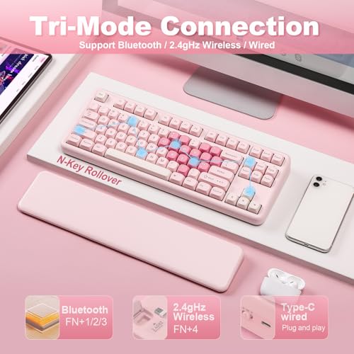 YUNZII B87 Drahtlose Mechanische Tastatur, QMK/VIA Software Custom Gaming Tastatur, Gasket RGB mit MOA Keycaps, Wrist Rest, BT5.0/2.4G/USB-C NKRO für Win/Mac (pink, Milk v2 linear) Bild 3