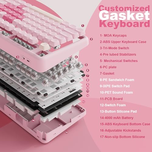 YUNZII B87 Drahtlose Mechanische Tastatur, QMK/VIA Software Custom Gaming Tastatur, Gasket RGB mit MOA Keycaps, Wrist Rest, BT5.0/2.4G/USB-C NKRO für Win/Mac (pink, Milk v2 linear) Bild 4