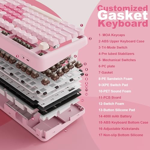 YUNZII B87 Drahtlose Mechanische Tastatur, QMK/VIA Software Custom Gaming Tastatur, Gasket RGB mit MOA Keycaps, Wrist Rest, BT5.0/2.4G/USB-C NKRO für Win/Mac (pink, Cocoa Cream v2 linear) Bild 4