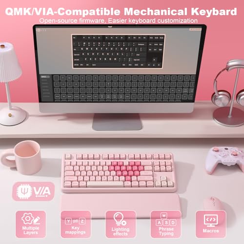 YUNZII B87 Drahtlose Mechanische Tastatur, QMK/VIA Software Custom Gaming Tastatur, Gasket RGB mit MOA Keycaps, Wrist Rest, BT5.0/2.4G/USB-C NKRO für Win/Mac (pink, Cocoa Cream v2 linear) Bild 5