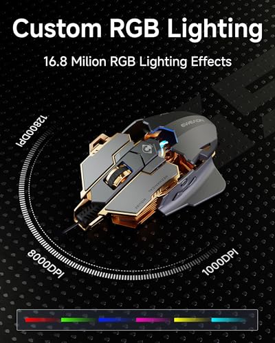 SEUNKWANG EWEADN G5 Kabelgebundene Gaming-Maus, Ergonomische RGB-Computermaus, 12800 Einstellbare DPI, 9 Programmierbare Makro-Tasten mit Rapid Fire Key Kompatibel für PC/Laptop/Windows, Grau Bild 4