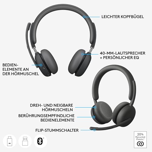 Logitech Zone Wireless 2 Premium-Headset mit Geräuschunterdrückung, Hybrid-ANC, Bluetooth, USB-C, USB-A, zertifiziert Zoom, Google Meet, Google Voice, Fast Pair, entwickelt Intel Evo-Notebooks-Graphit Bild 6