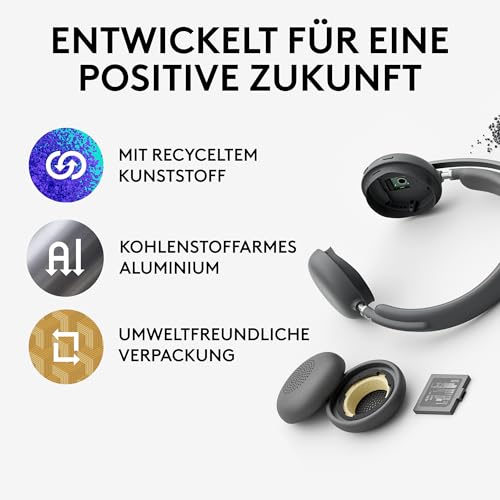 Logitech Zone Wireless 2 Premium-Headset mit Geräuschunterdrückung, Hybrid-ANC, Bluetooth, USB-C, USB-A, zertifiziert Zoom, Google Meet, Google Voice, Fast Pair, entwickelt Intel Evo-Notebooks-Graphit Bild 7