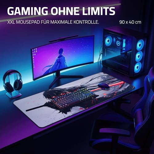 XXL Gaming Mauspad 900x400 - Vernähte Kanten & wasserabweisend - Anime Mousepad für Gamer & Büro - großes Maus Pad & Schreibtischunterlage - Mouse Mat Setup & PC Bild 3