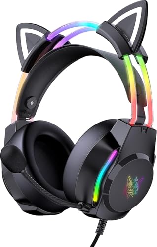 Gaming Headset mit Katzenohren & Mikrofon – RGB-Regenbogenbeleuchtung & 7.1 Virtual Surround Sound – 3,5-mm-kabelgebundene Over-Ear-Kopfhörer für PC/PS4/PS5/Xbox/Switch (Ergonomisches Design) Bild 1