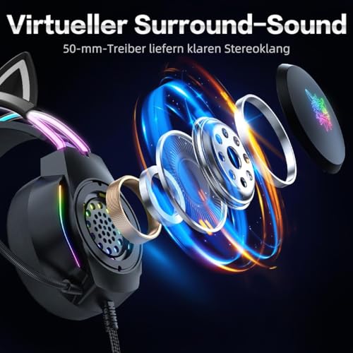 Gaming Headset mit Katzenohren & Mikrofon – RGB-Regenbogenbeleuchtung & 7.1 Virtual Surround Sound – 3,5-mm-kabelgebundene Over-Ear-Kopfhörer für PC/PS4/PS5/Xbox/Switch (Ergonomisches Design) Bild 2