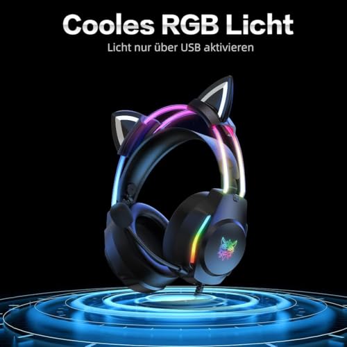Gaming Headset mit Katzenohren & Mikrofon – RGB-Regenbogenbeleuchtung & 7.1 Virtual Surround Sound – 3,5-mm-kabelgebundene Over-Ear-Kopfhörer für PC/PS4/PS5/Xbox/Switch (Ergonomisches Design) Bild 3