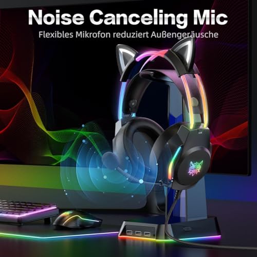 Gaming Headset mit Katzenohren & Mikrofon – RGB-Regenbogenbeleuchtung & 7.1 Virtual Surround Sound – 3,5-mm-kabelgebundene Over-Ear-Kopfhörer für PC/PS4/PS5/Xbox/Switch (Ergonomisches Design) Bild 4