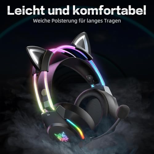Gaming Headset mit Katzenohren & Mikrofon – RGB-Regenbogenbeleuchtung & 7.1 Virtual Surround Sound – 3,5-mm-kabelgebundene Over-Ear-Kopfhörer für PC/PS4/PS5/Xbox/Switch (Ergonomisches Design) Bild 6