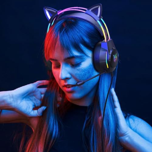 Gaming Headset mit Katzenohren & Mikrofon – RGB-Regenbogenbeleuchtung & 7.1 Virtual Surround Sound – 3,5-mm-kabelgebundene Over-Ear-Kopfhörer für PC/PS4/PS5/Xbox/Switch (Ergonomisches Design) Bild 7