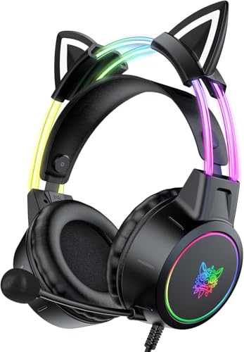 Katzenohr Gaming Kopfhörer mit abnehmbaren Ohren, RGB, 7.1 Surround Sound – Over-Ear-Kopfhörer mit Mikrofon, Leicht & Komfortabel für Kinder/Erwachsene, kompatibel mit PC, PS4/PS5, Xbox One Series Bild 1