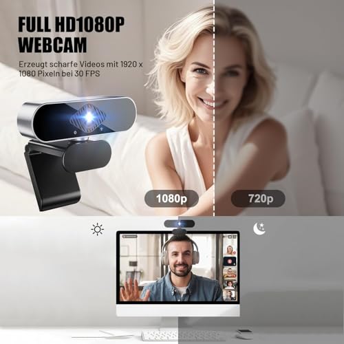 Webcam mit mikrofon Kamera pc cam, 1080p HD Mini Facecam Videokonferenz, 360° verstellbar USB Web Cam Plug&Play für Konferenz Live Streaming Aufnahme Kompatibel mit Skype/Zoom/YouTube Bild 4