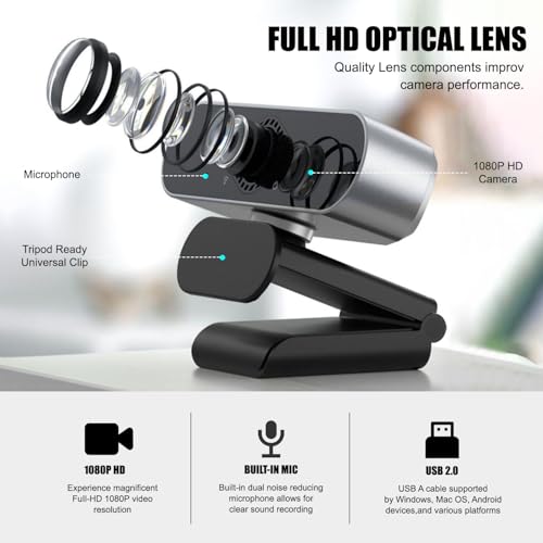 Webcam mit mikrofon Kamera pc cam, 1080p HD Mini Facecam Videokonferenz, 360° verstellbar USB Web Cam Plug&Play für Konferenz Live Streaming Aufnahme Kompatibel mit Skype/Zoom/YouTube Bild 7