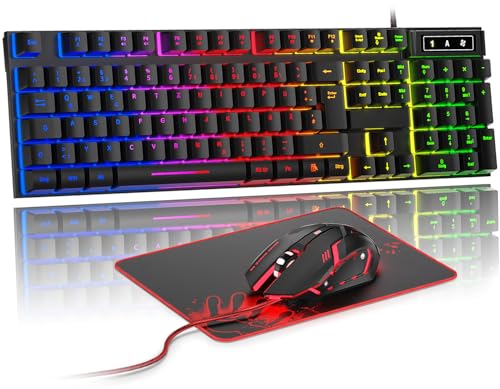 Gaming Tastatur und Maus Set, QWERTZ DE Layout, RGB Hintergrundbeleuchtete Kabelgebundene Tastatur, Ergonomische 4 Farbige LED Gaming Maus, Großes Mauspad, USB Plug & Play für PC PS4 Xbox Bild 1