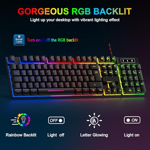 Gaming Tastatur und Maus Set, QWERTZ DE Layout, RGB Hintergrundbeleuchtete Kabelgebundene Tastatur, Ergonomische 4 Farbige LED Gaming Maus, Großes Mauspad, USB Plug & Play für PC PS4 Xbox Bild 2