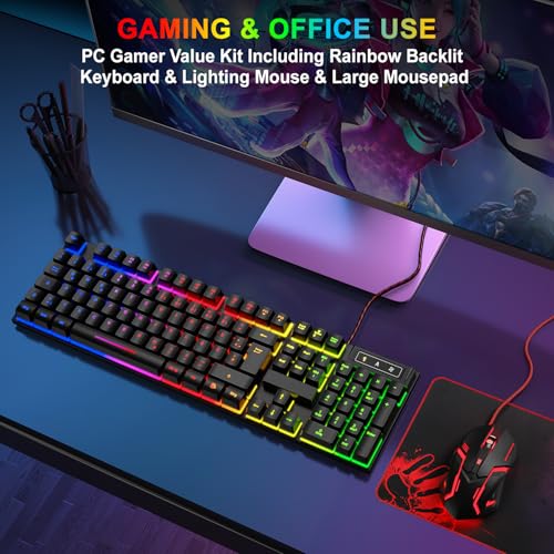 Gaming Tastatur und Maus Set, QWERTZ DE Layout, RGB Hintergrundbeleuchtete Kabelgebundene Tastatur, Ergonomische 4 Farbige LED Gaming Maus, Großes Mauspad, USB Plug & Play für PC PS4 Xbox Bild 7